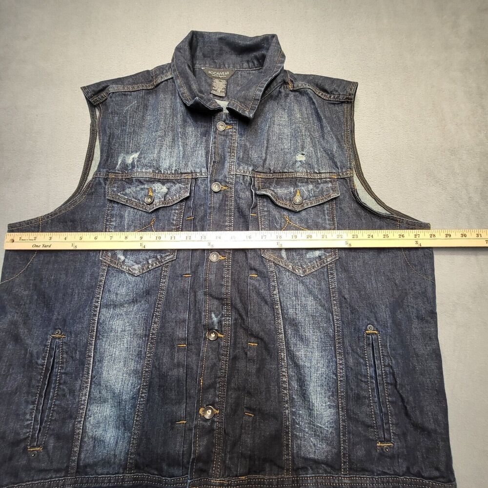 ROCAWEAR‎ Denim Jacket Mens 48 Dark Wash Jean Vest Distressed Sleeveless Trucker - Picture 4 of 6